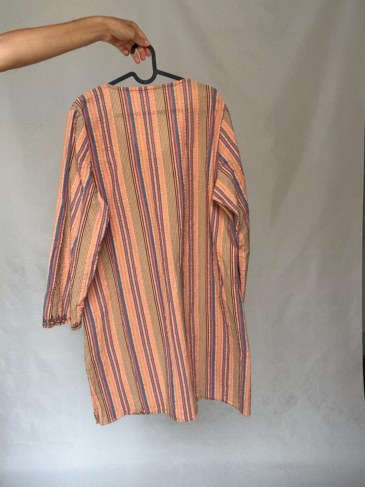 Striped cotton boho dress with beaded neckline – peach pink blue tunic style shift dress with side splits L–XL