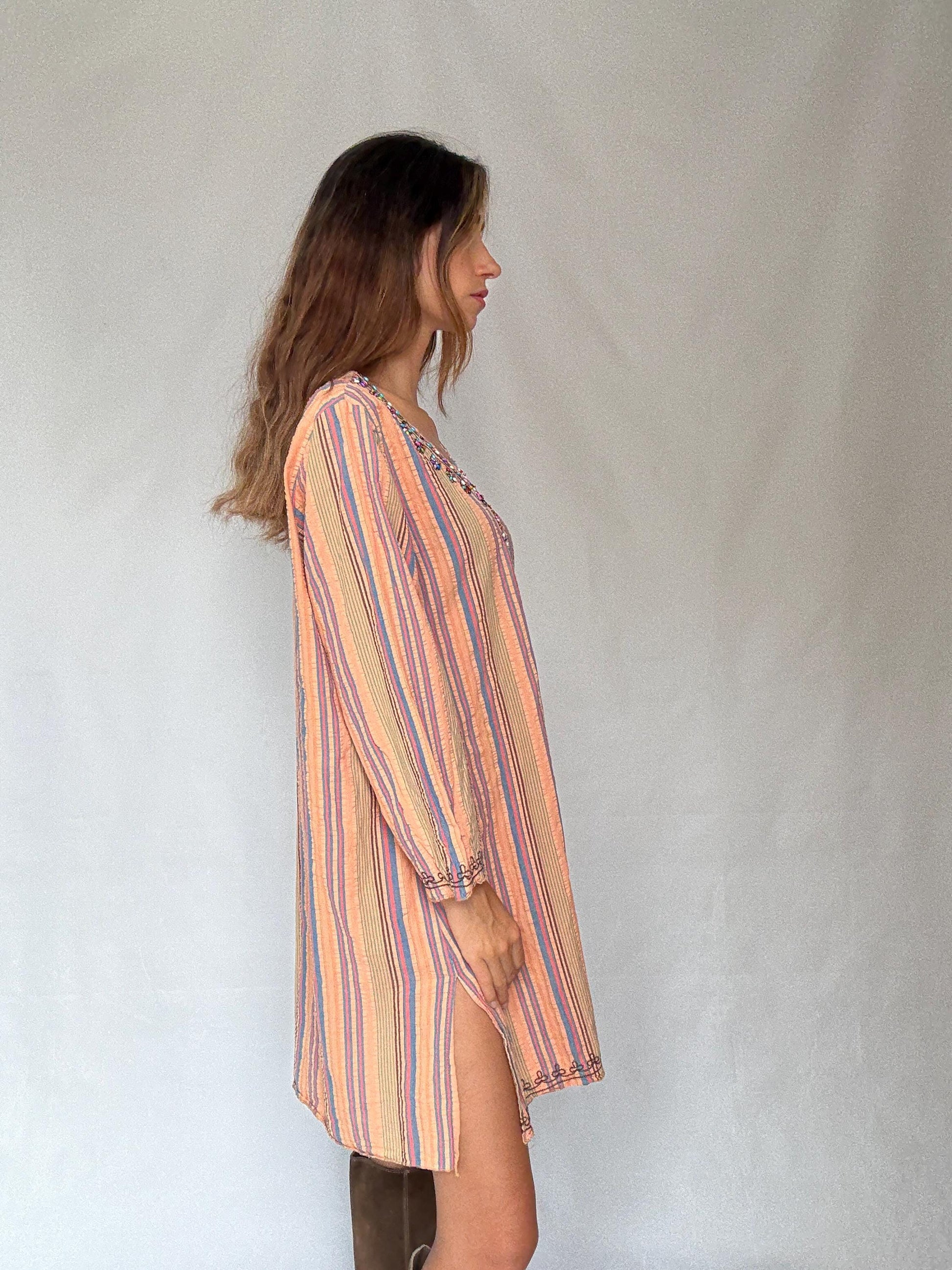 Striped cotton boho dress with beaded neckline – peach pink blue tunic style shift dress with side splits L–XL