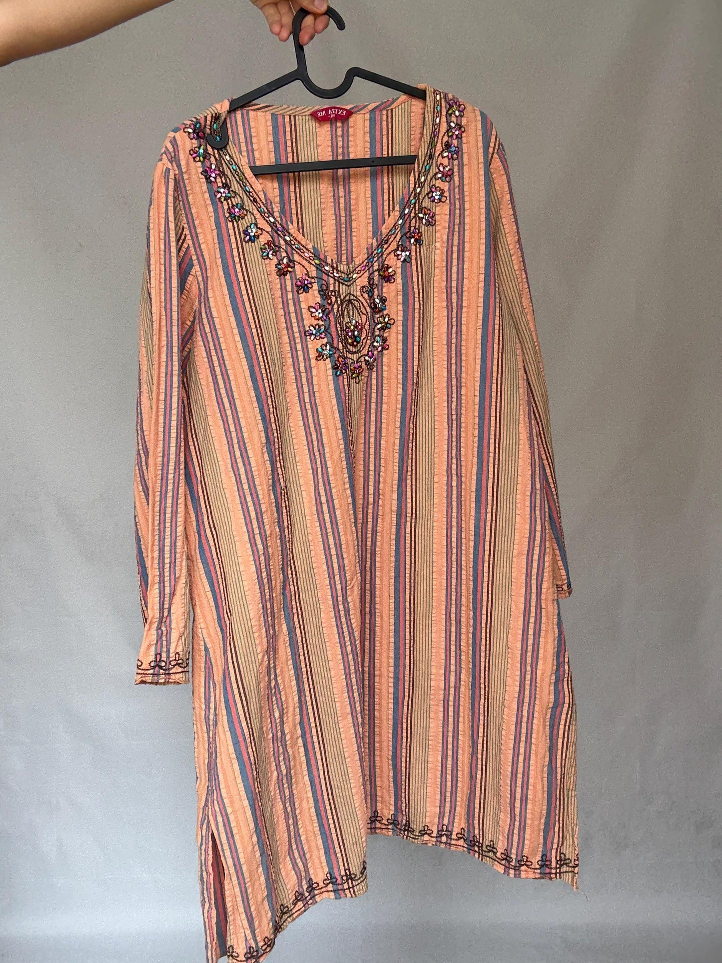 Striped cotton boho dress with beaded neckline – peach pink blue tunic style shift dress with side splits L–XL