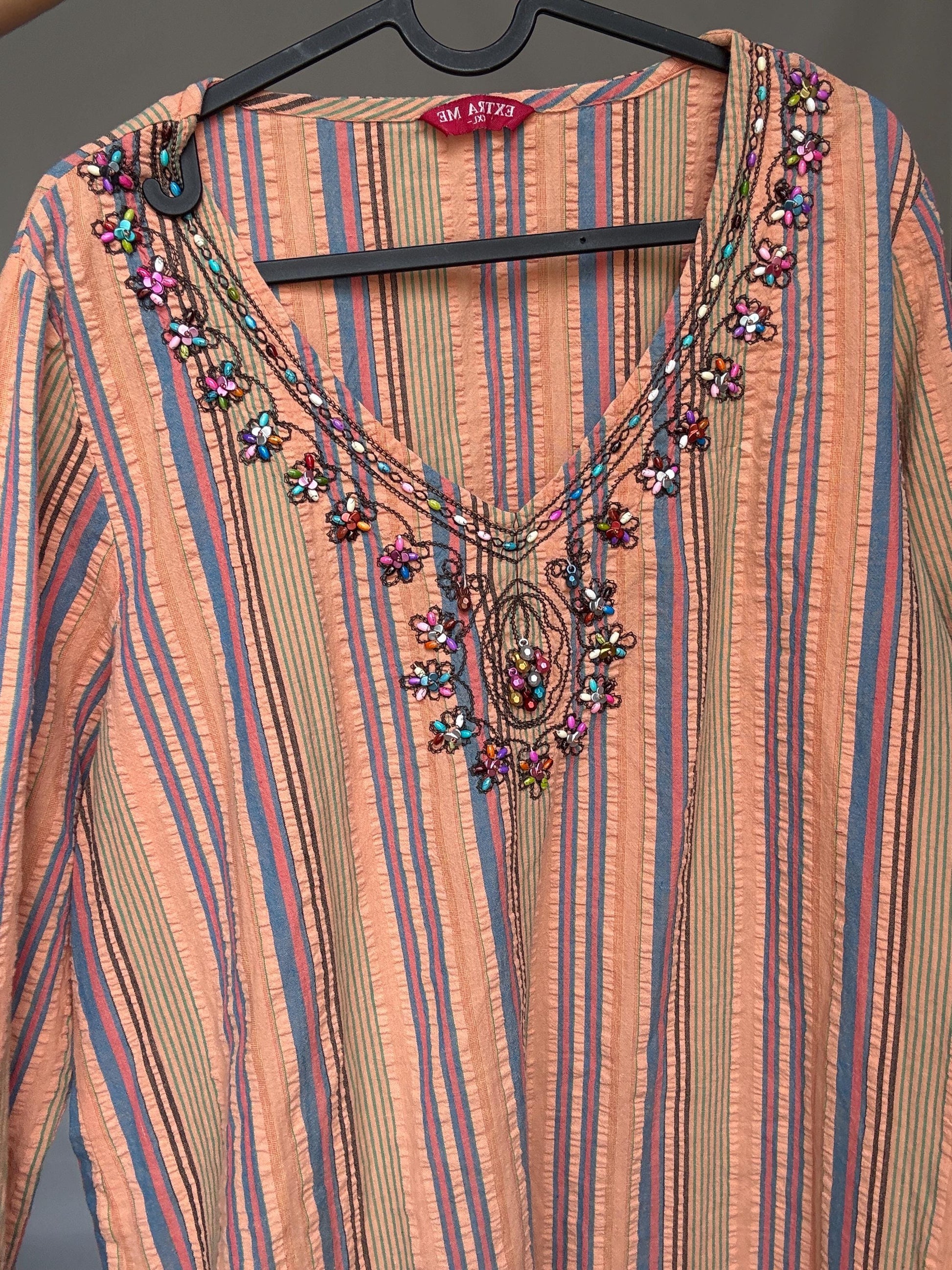 Striped cotton boho dress with beaded neckline – peach pink blue tunic style shift dress with side splits L–XL