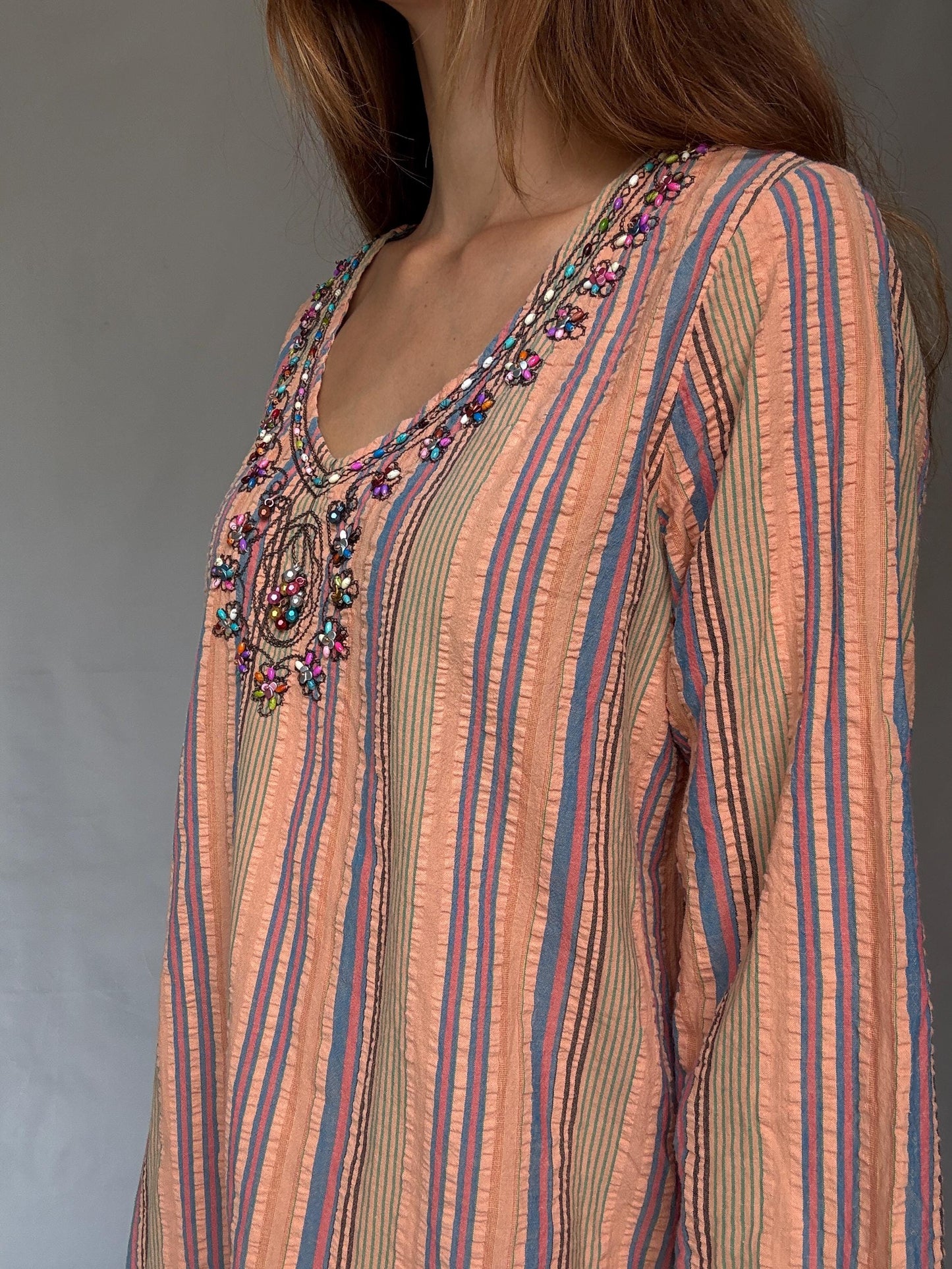 Striped cotton boho dress with beaded neckline – peach pink blue tunic style shift dress with side splits L–XL