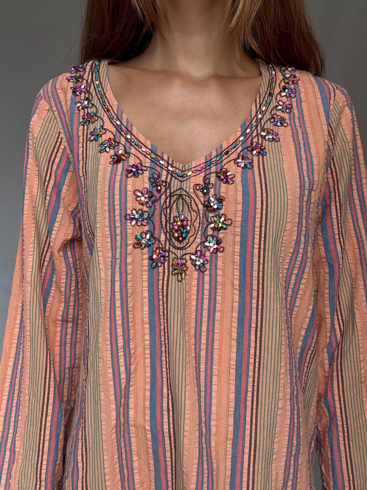 Striped cotton boho dress with beaded neckline – peach pink blue tunic style shift dress with side splits L–XL