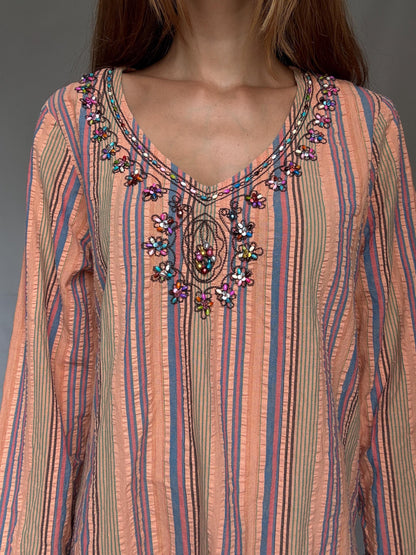 Boho Striped Cotton Dress With Beaded Neckline — additional view 5