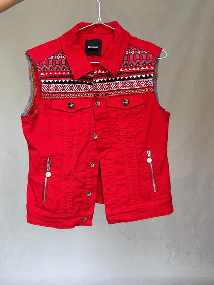 Embroidered Red Denim Vest — additional view 7