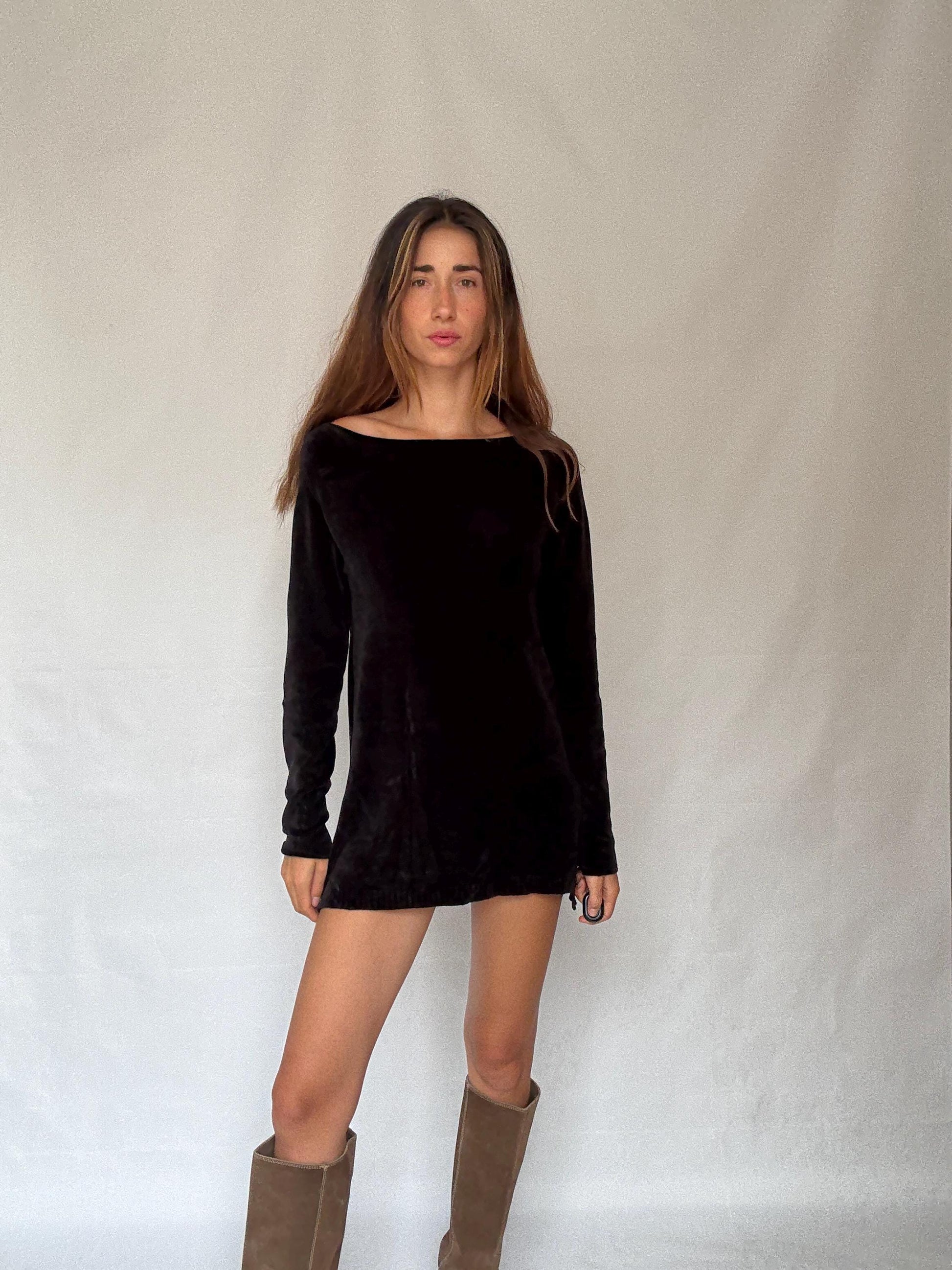 Guess Los Angeles Black Long Sleeve Mini Dress, Sexy Soft Stretch elegant black straight neck pullover, Designer clothing, Size M
