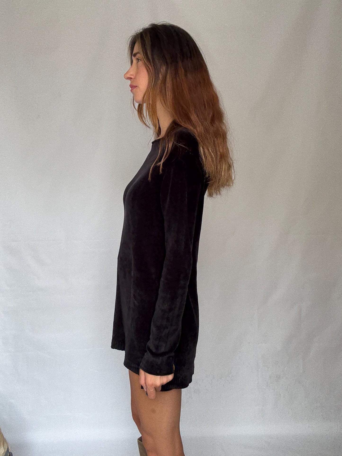 Guess Los Angeles Black Long Sleeve Mini Dress, Sexy Soft Stretch elegant black straight neck pullover, Designer clothing, Size M