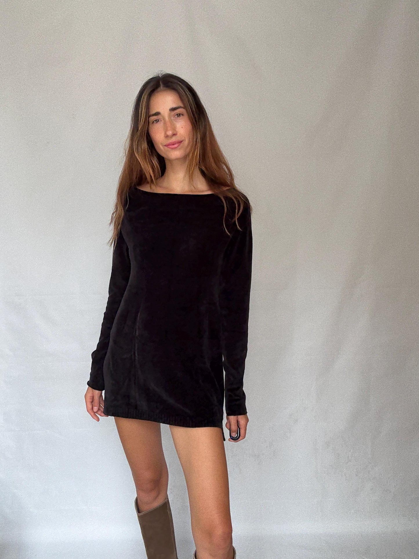 Guess Los Angeles Black Long Sleeve Mini Dress, Sexy Soft Stretch elegant black straight neck pullover, Designer clothing, Size M