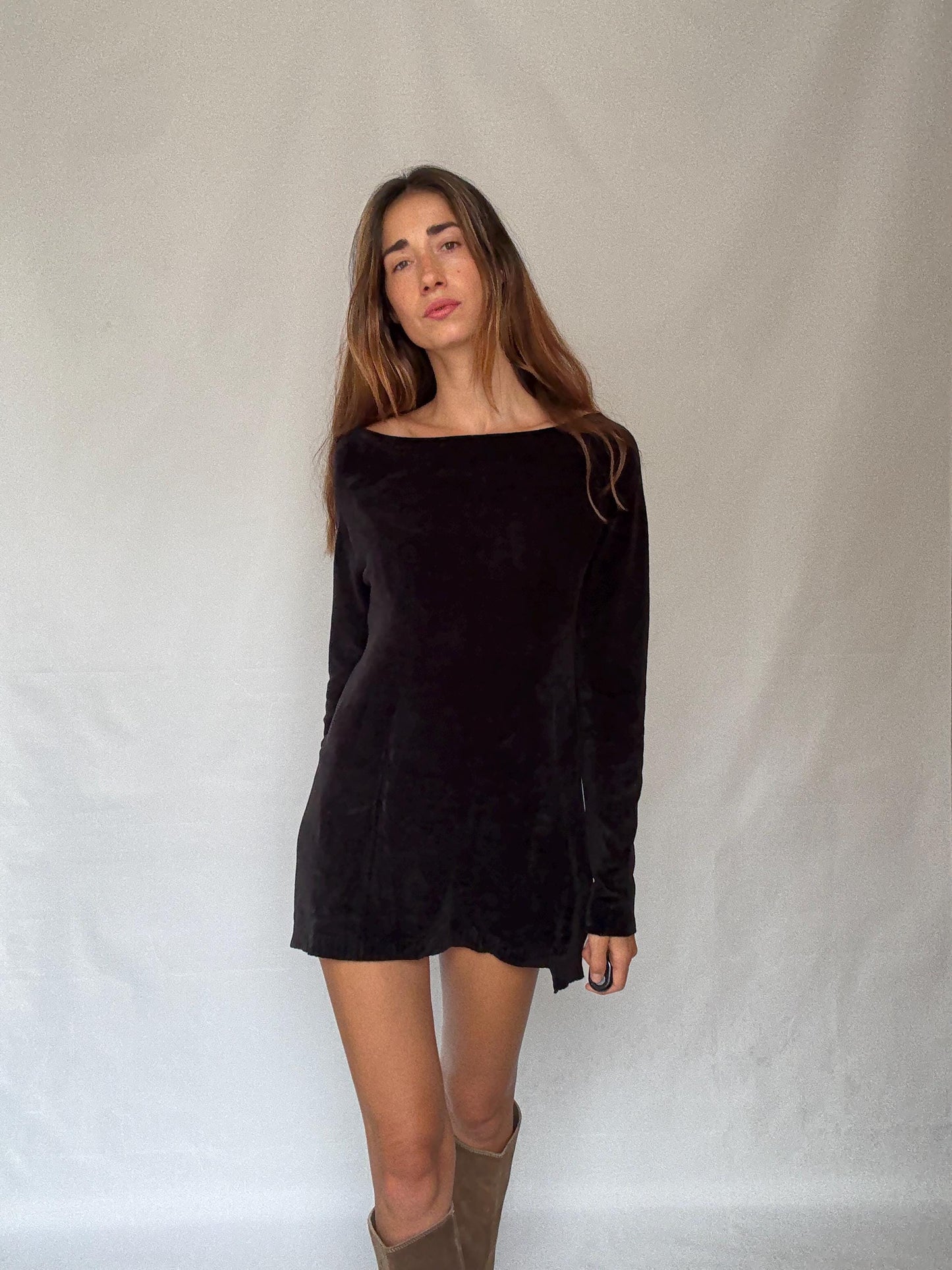 Guess Los Angeles Black Long Sleeve Mini Dress, Sexy Soft Stretch elegant black straight neck pullover, Designer clothing, Size M