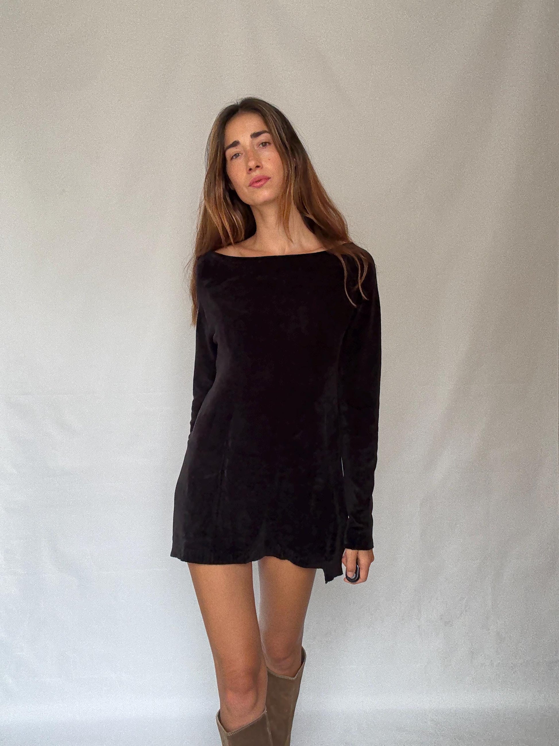 Guess Los Angeles Black Long Sleeve Mini Dress, Sexy Soft Stretch elegant black straight neck pullover, Designer clothing, Size M
