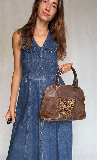 Leopard Print Vintage Brown Leather Satchel — fabric close-up