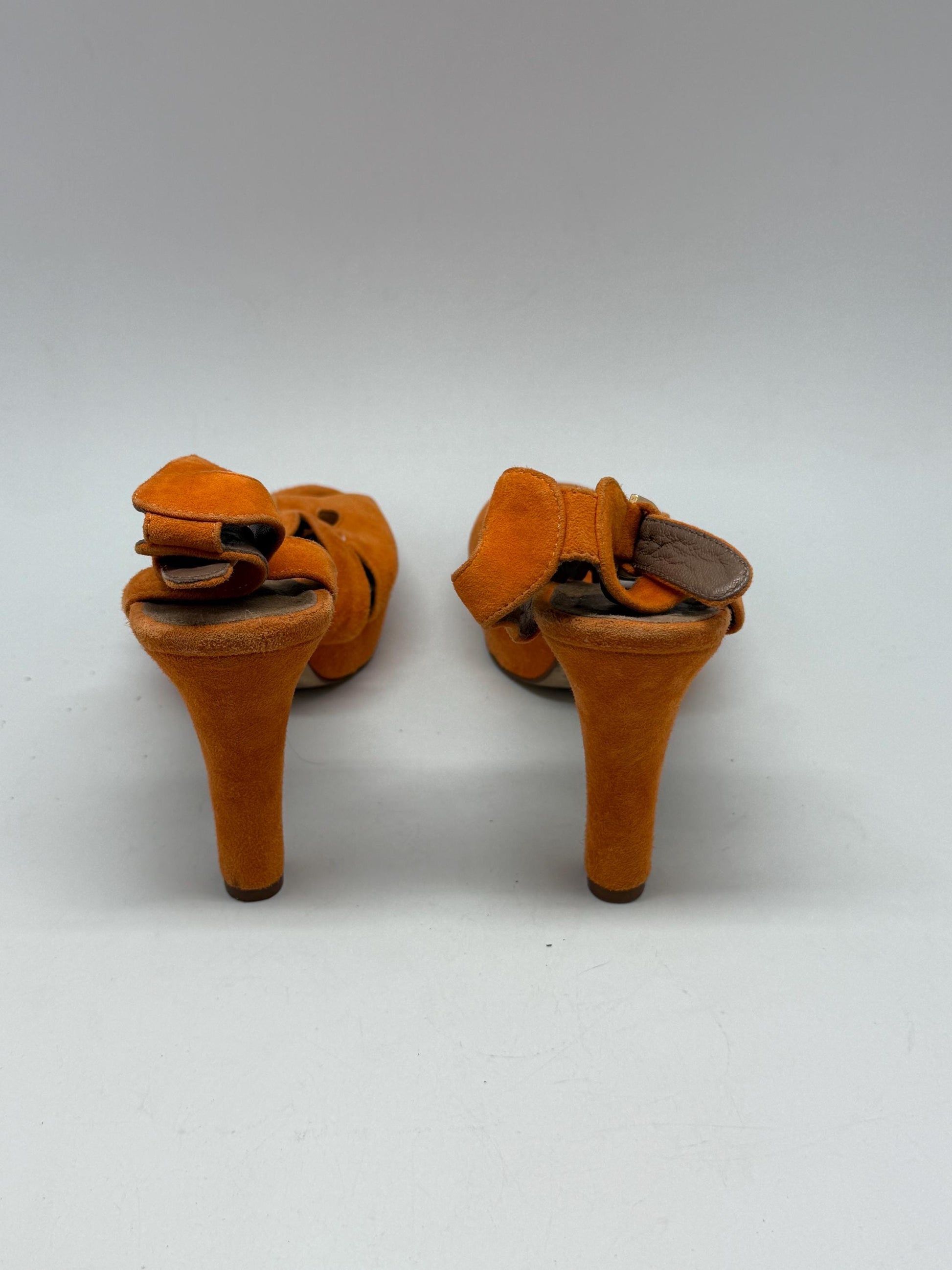 Pedro Miralles orange suede heels, suede feel, high heel with platform, cut, out pattern, elegant evening style, US 9, summer statement