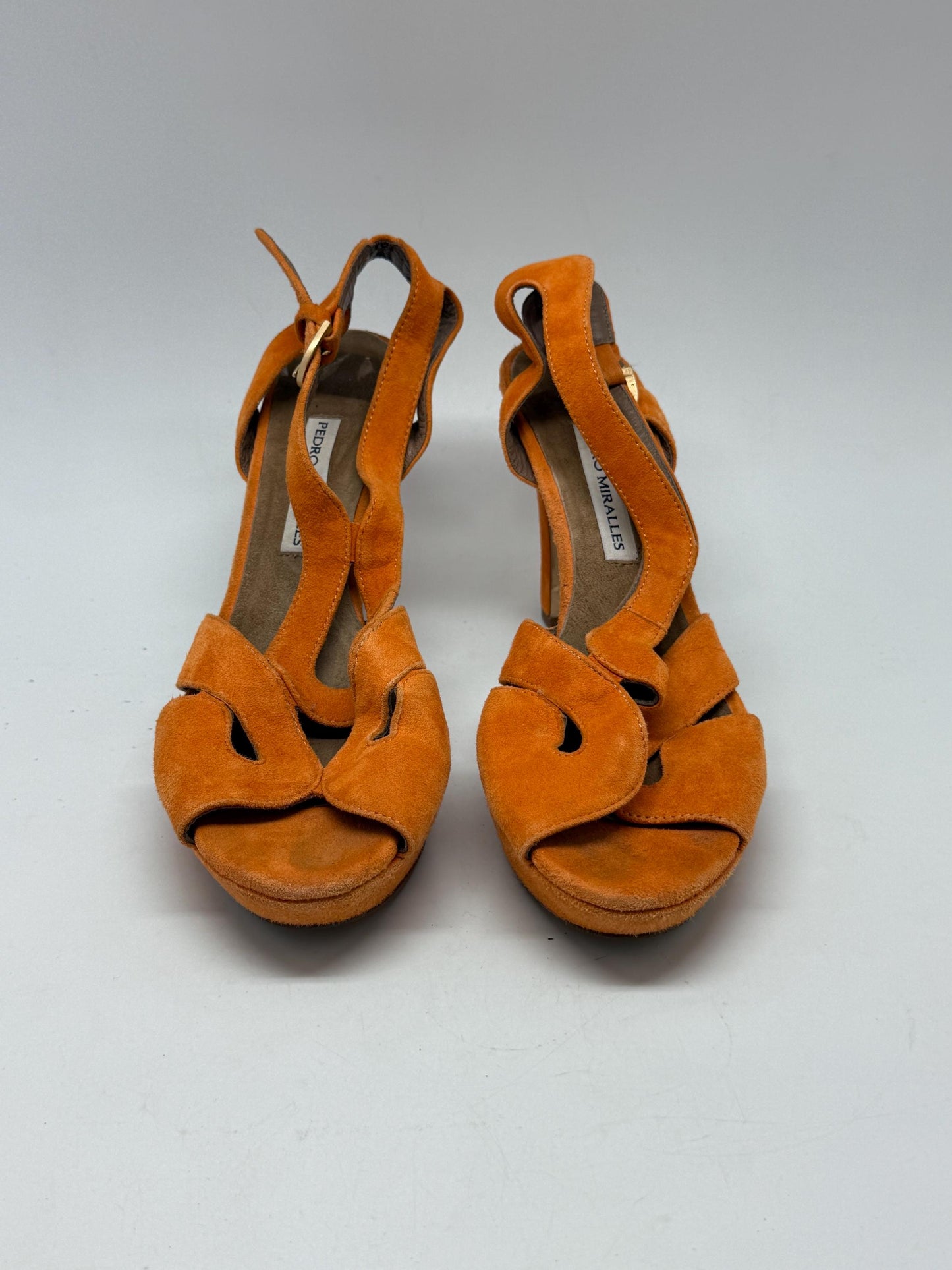 Pedro Miralles orange suede heels, suede feel, high heel with platform, cut, out pattern, elegant evening style, US 9, summer statement