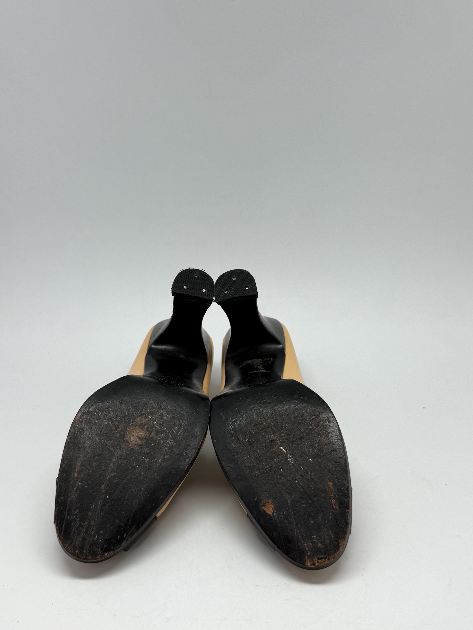 Rare Vintage Balenciaga tan black leather heels US8.5, made in Spain, peep toe sculpted heel, elegant designer shoes in genuine leather