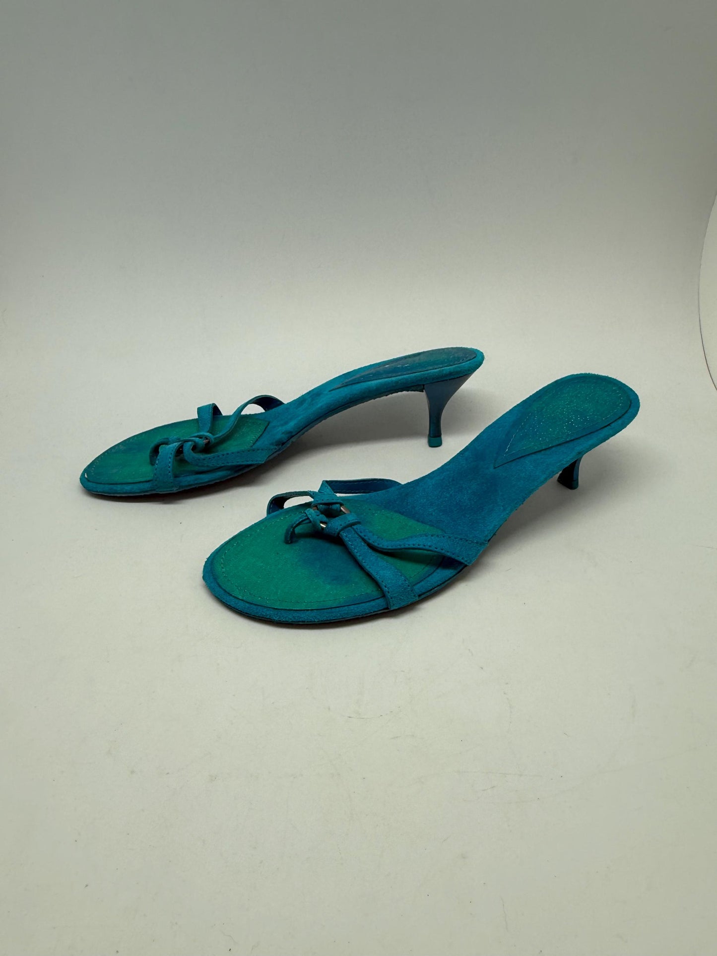 Vintage turquoise suede bow kitten heels EU39 US8.5, strappy Y2K sandals with 5 cm heel, bright summer party shoes, open toe retro