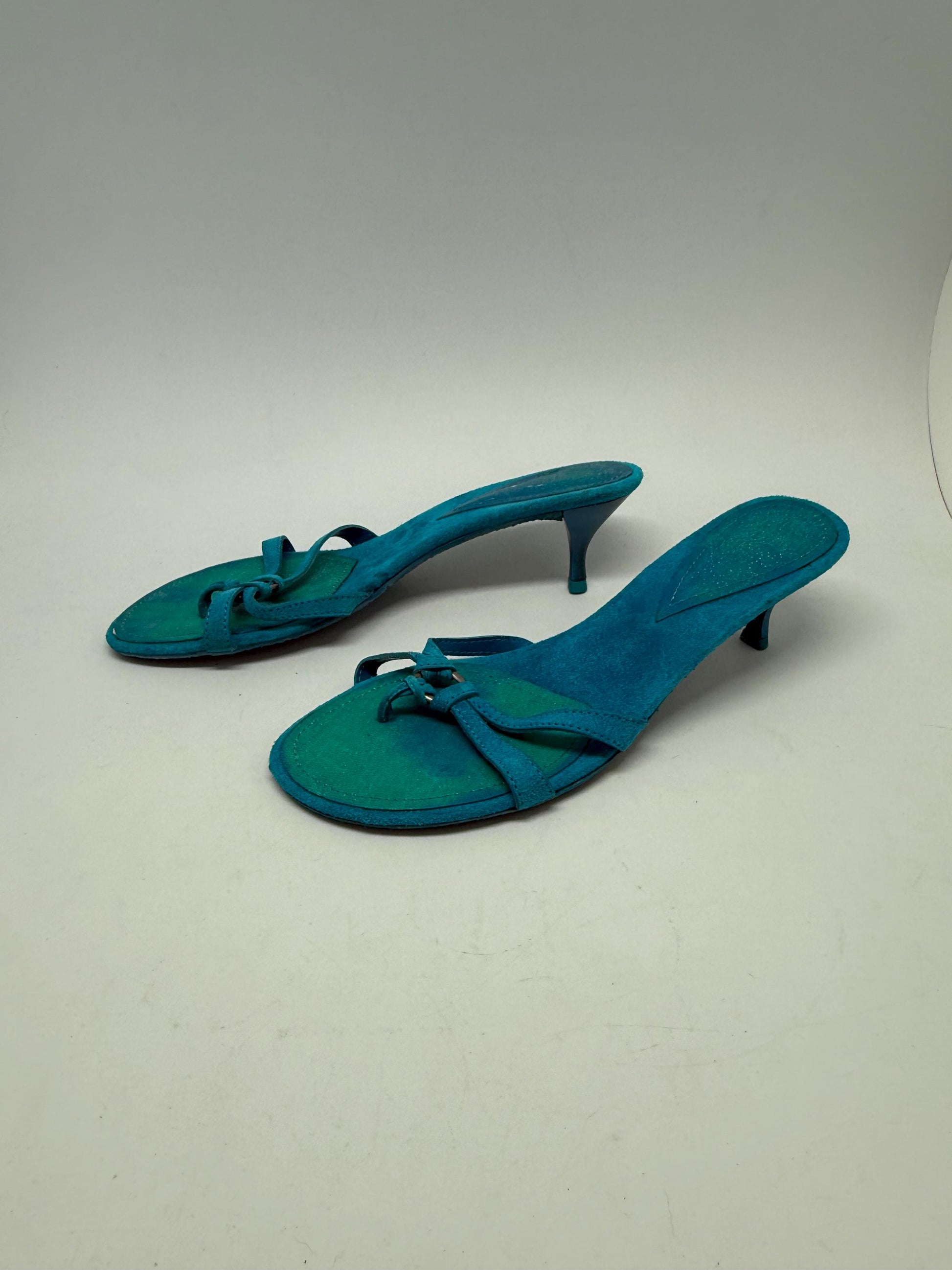 Vintage turquoise suede bow kitten heels EU39 US8.5, strappy Y2K sandals with 5 cm heel, bright summer party shoes, open toe retro
