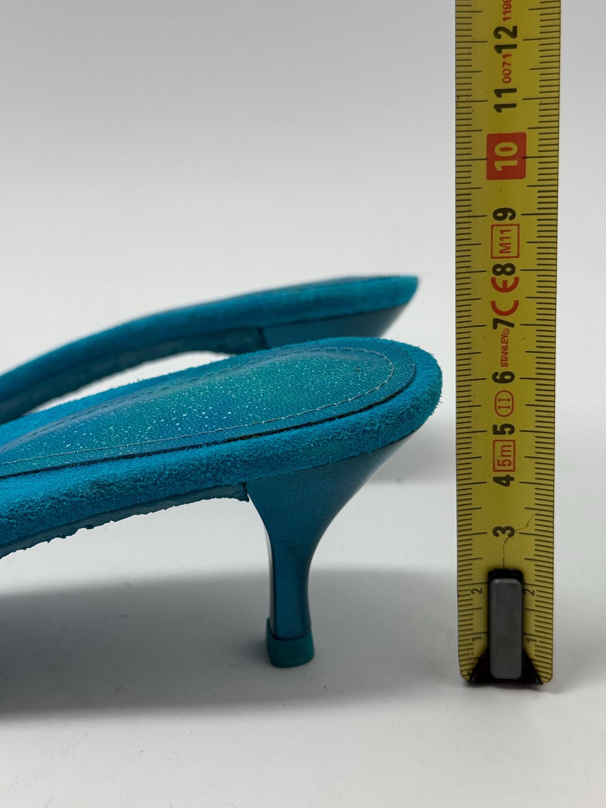 Vintage turquoise suede bow kitten heels EU39 US8.5, strappy Y2K sandals with 5 cm heel, bright summer party shoes, open toe retro