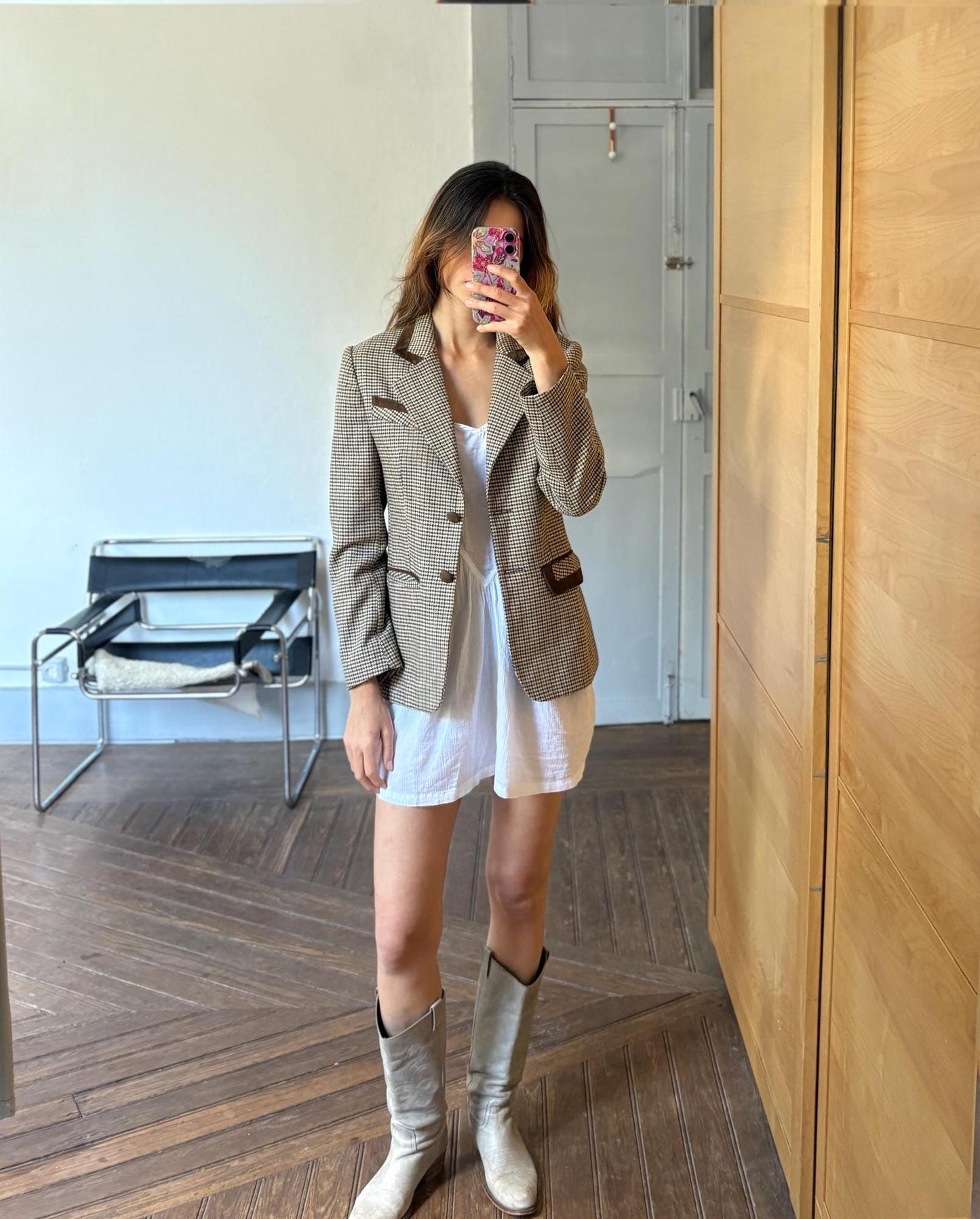 Vintage Blazer Jacket – Dominguez Houndstooth Wool Coat – Dark Academia Aesthetic – Made in Spain – Tag Size 42