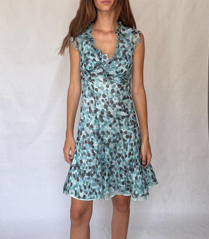 Silk Polka Dot Ruffle Neckline Dress — detail