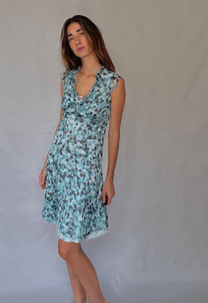Silk Polka Dot Ruffle Neckline Dress