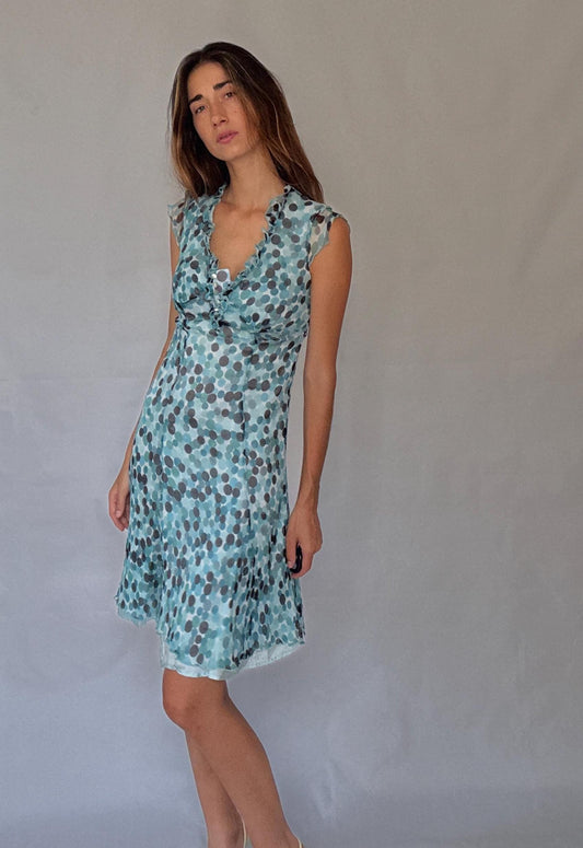 Caroll 100% silk polka dot ruffle neckline summer dress, lightweight blue grey dots, wedding guest outfit, size S