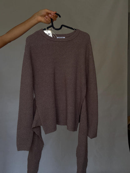 Earthy Brown Tie-Front Ribbed Knit Jumper, Vintage Style