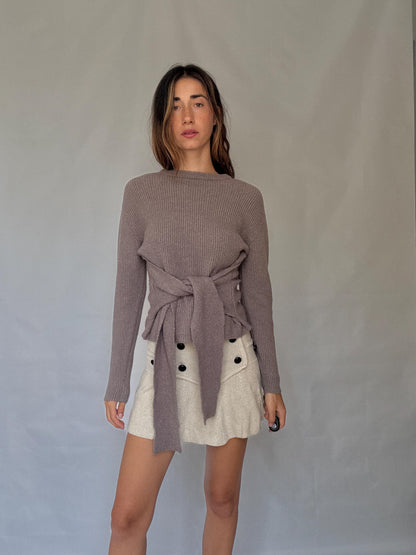 Earthy Brown Tie-Front Ribbed Knit Jumper, Vintage Style