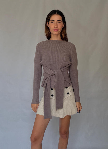 Earthy Brown Tie-Front Ribbed Knit Jumper, Vintage Style