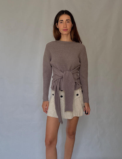 Earthy Brown Tie-Front Ribbed Knit Jumper, Vintage Style