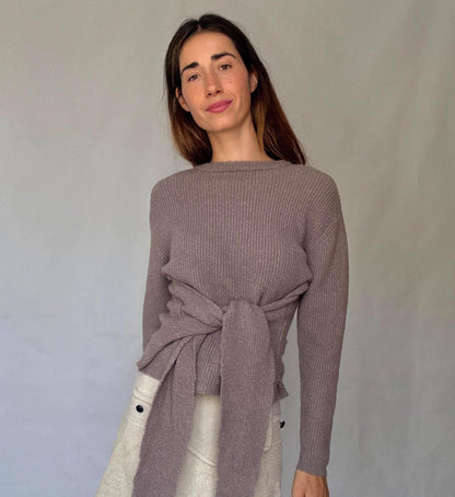Earthy Brown Tie-Front Ribbed Knit Jumper, Vintage Style