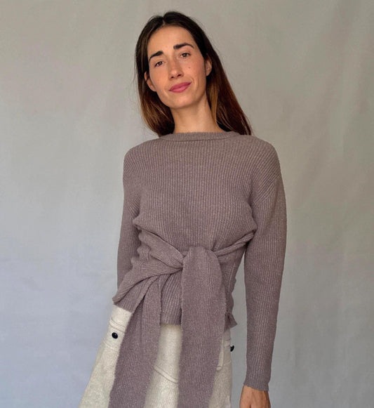 Earthy brown tie front back long sleeve jumper, unworn with tags, size S, soft rib knit,