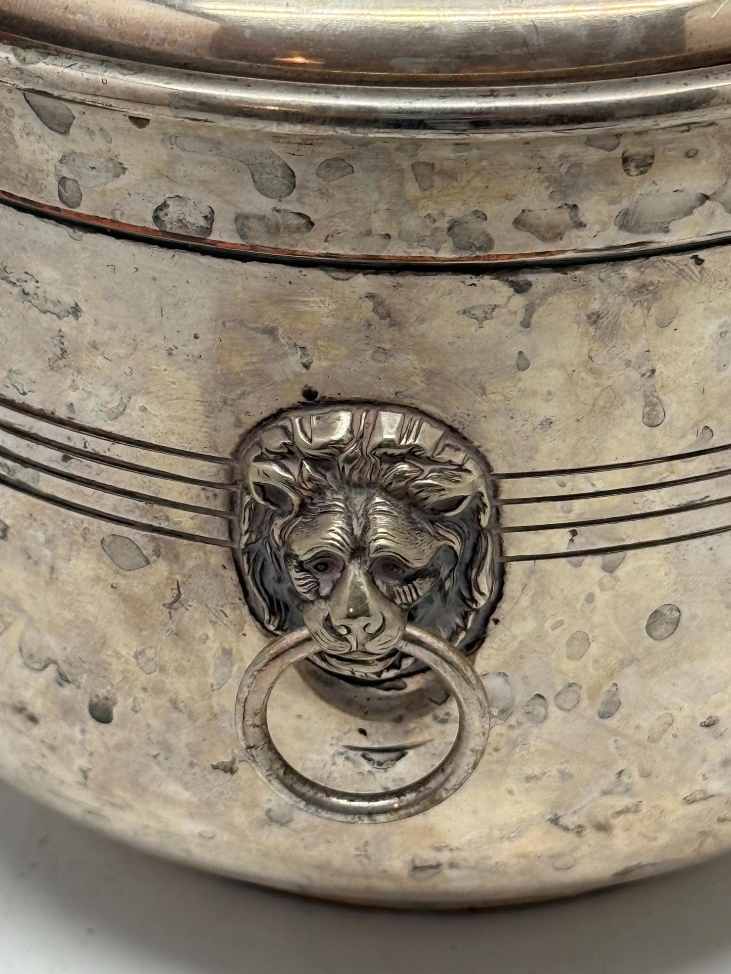 Vintage silver plated ice bucket, embellished lion's head handles, decorative finial, art deco, P.V.H. & Co. Made in England