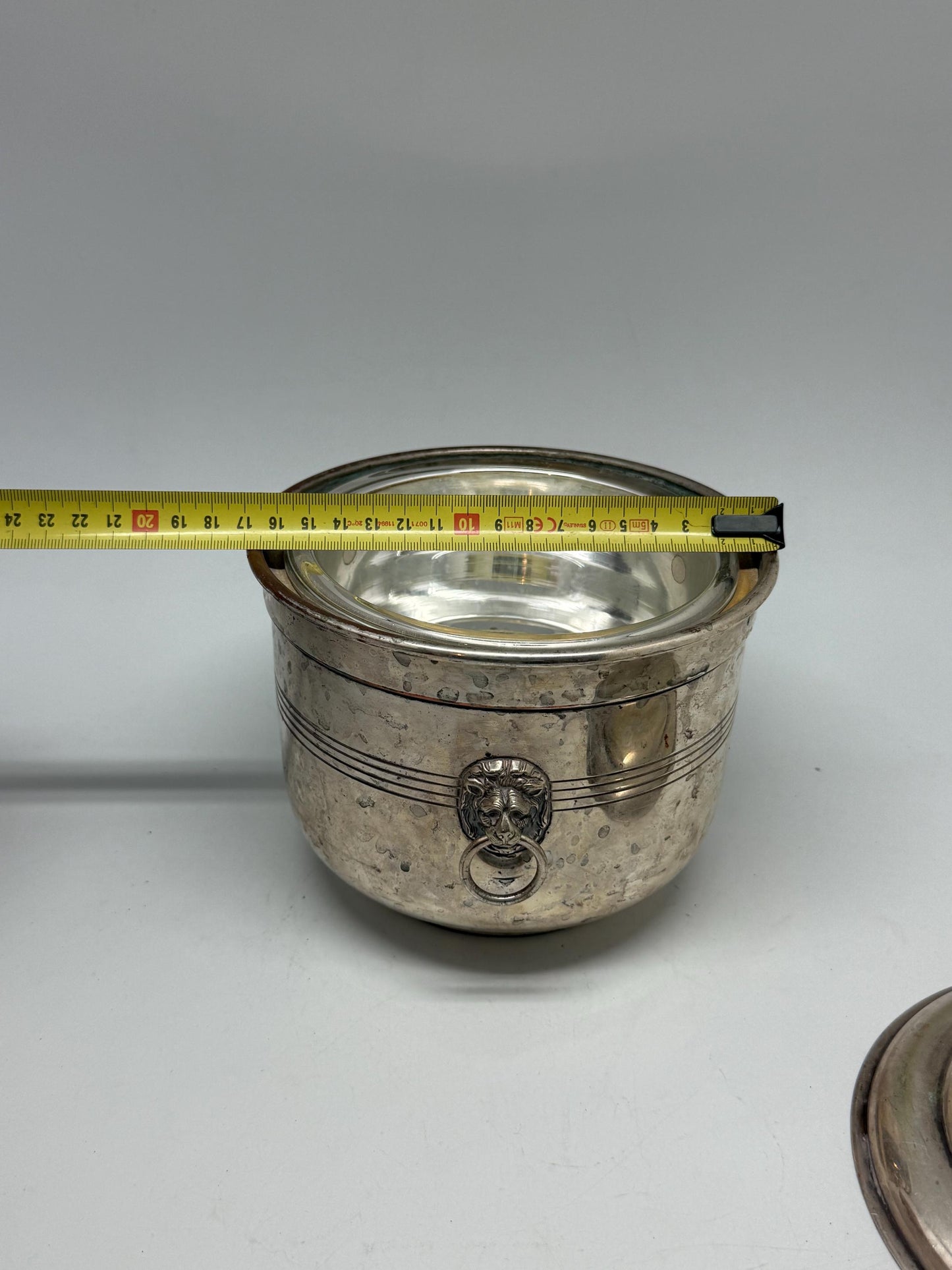 Vintage silver plated ice bucket, embellished lion's head handles, decorative finial, art deco, P.V.H. & Co. Made in England