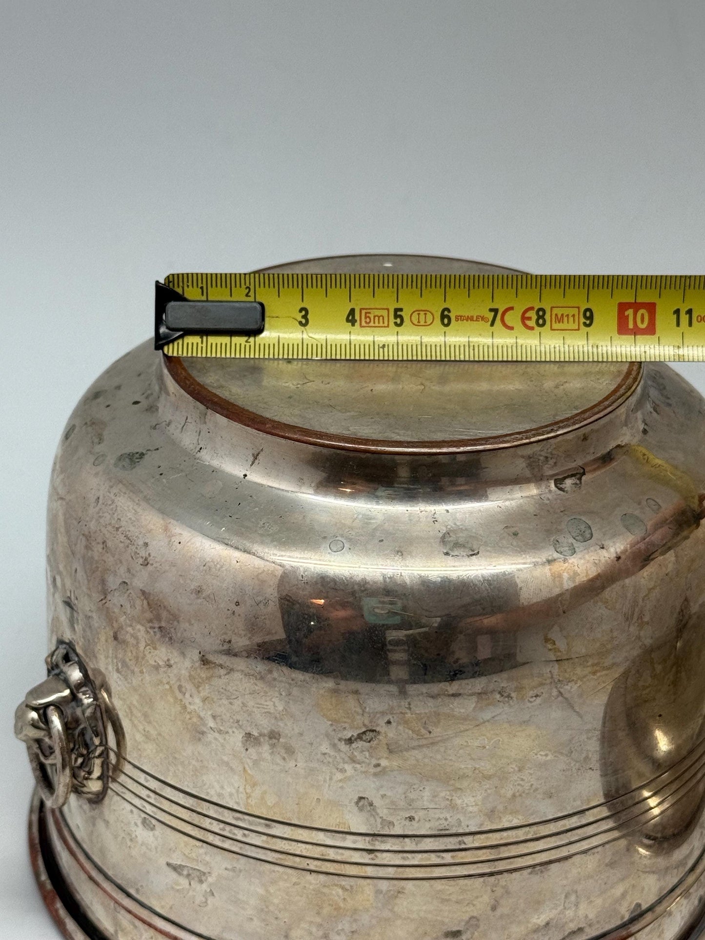 Vintage silver plated ice bucket, embellished lion's head handles, decorative finial, art deco, P.V.H. & Co. Made in England