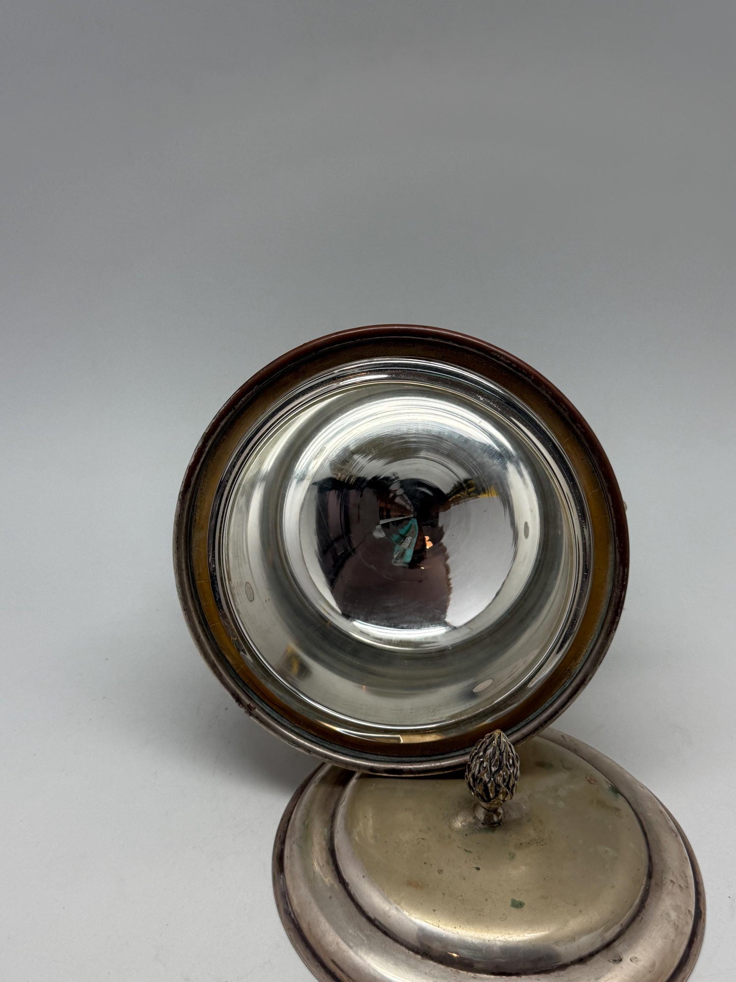 Vintage silver plated ice bucket, embellished lion's head handles, decorative finial, art deco, P.V.H. & Co. Made in England