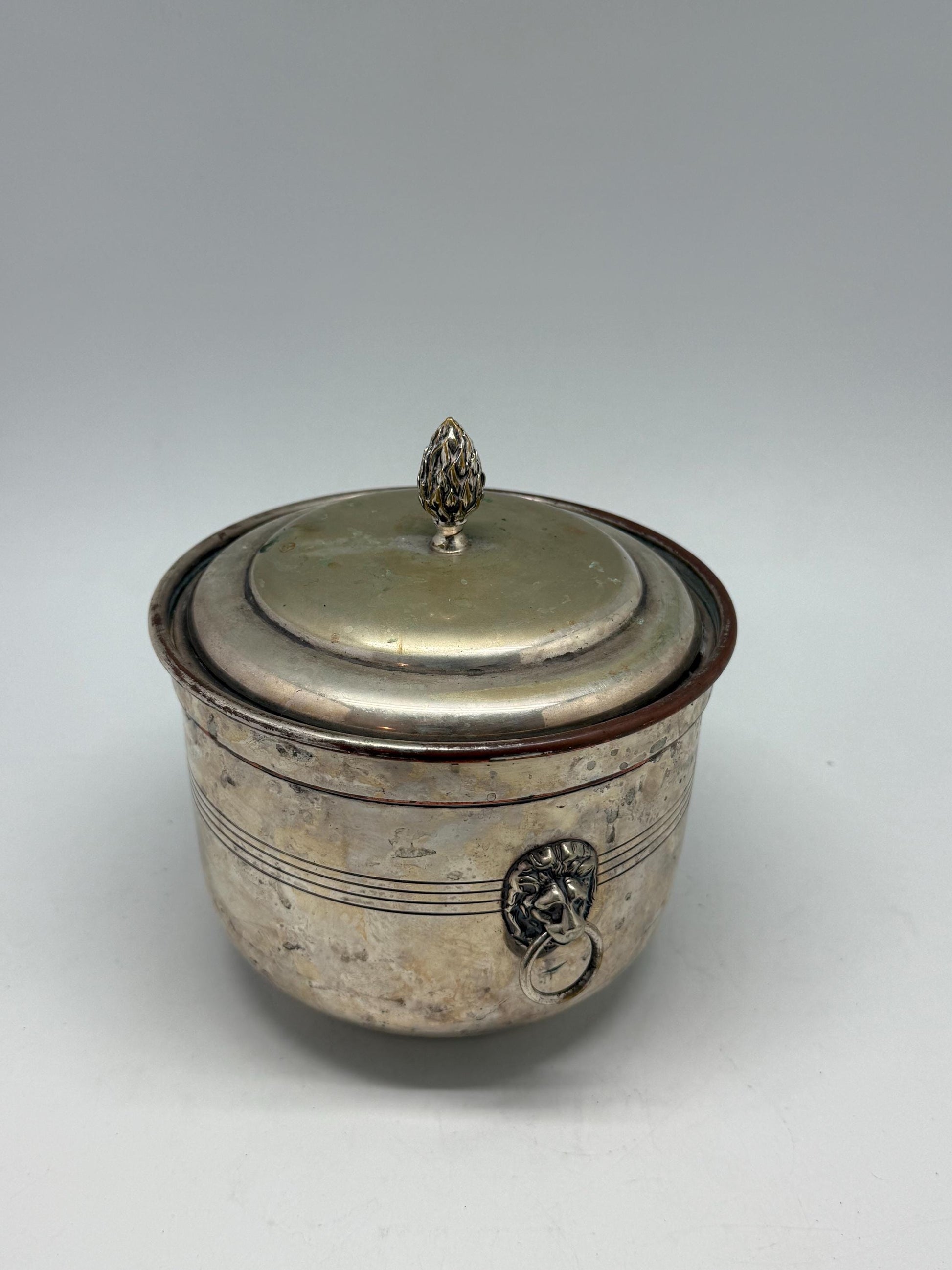 Vintage silver plated ice bucket, embellished lion's head handles, decorative finial, art deco, P.V.H. & Co. Made in England