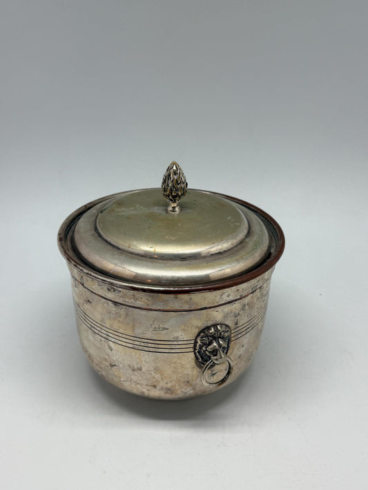 Vintage silver plated ice bucket, embellished lion's head handles, decorative finial, art deco, P.V.H. & Co. Made in England