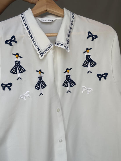 Vintage White Embroidered Blouse With Navy Bow — additional view 7