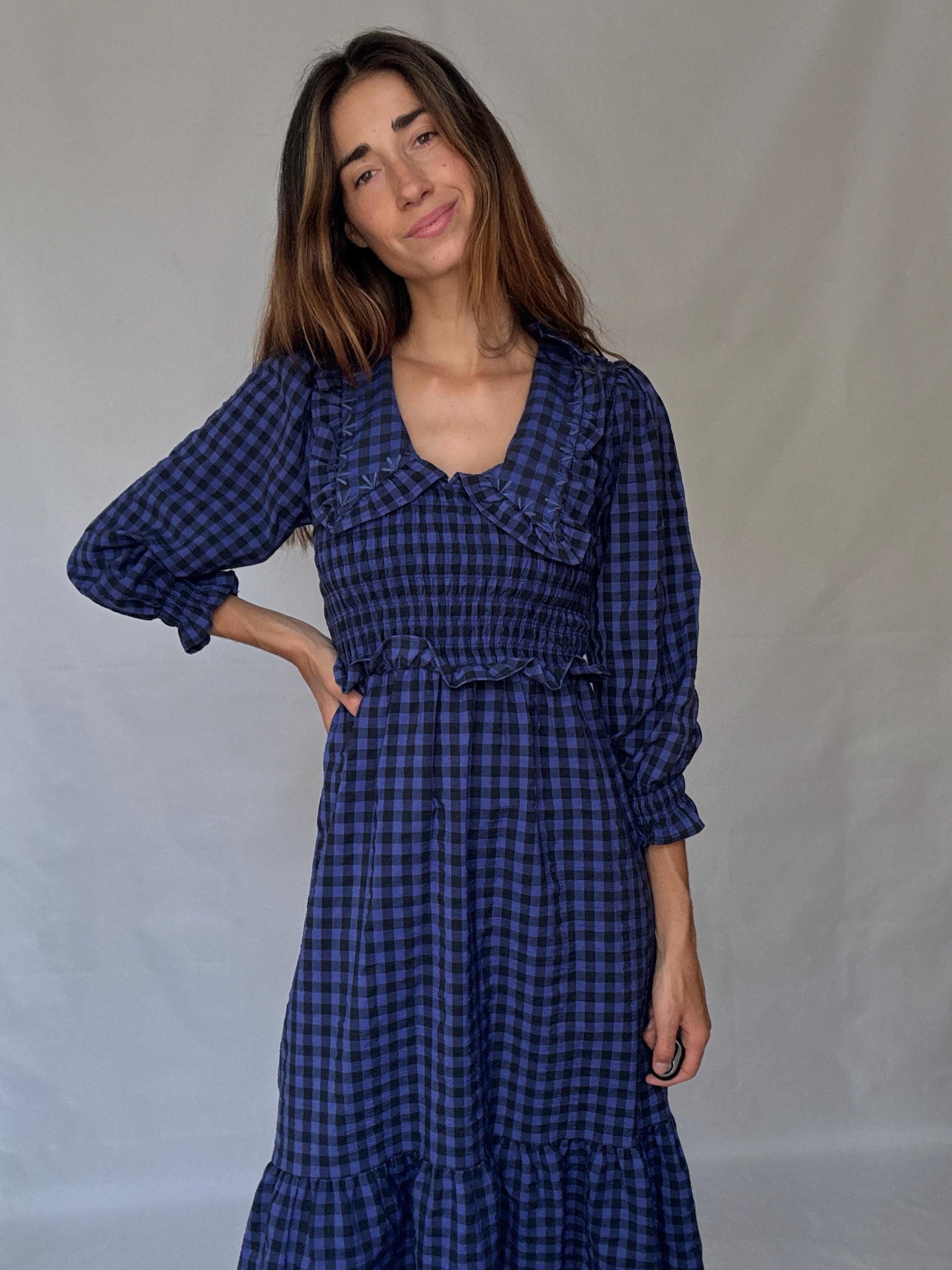 Vintage gingham cotton blend maxi dress with shirred waist and statement collar, XS
