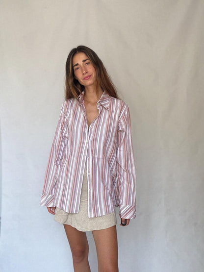 Hugo Boss Striped Cotton Button-Up Shirt — fabric close-up