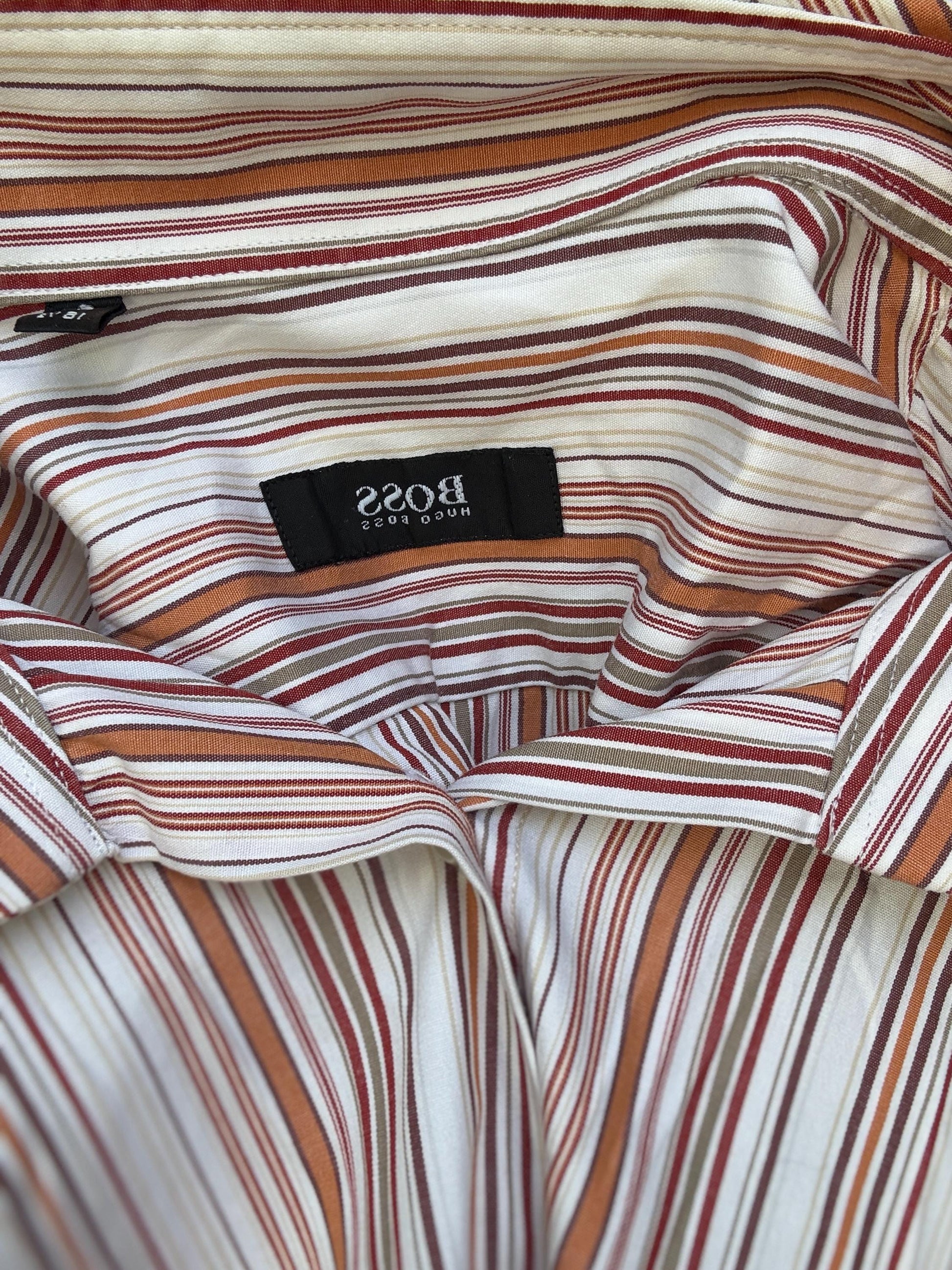 Hugo Boss men’s striped US XL cotton button-up shirt – red brown and white vertical stripe long sleeve classic preppy smart casual