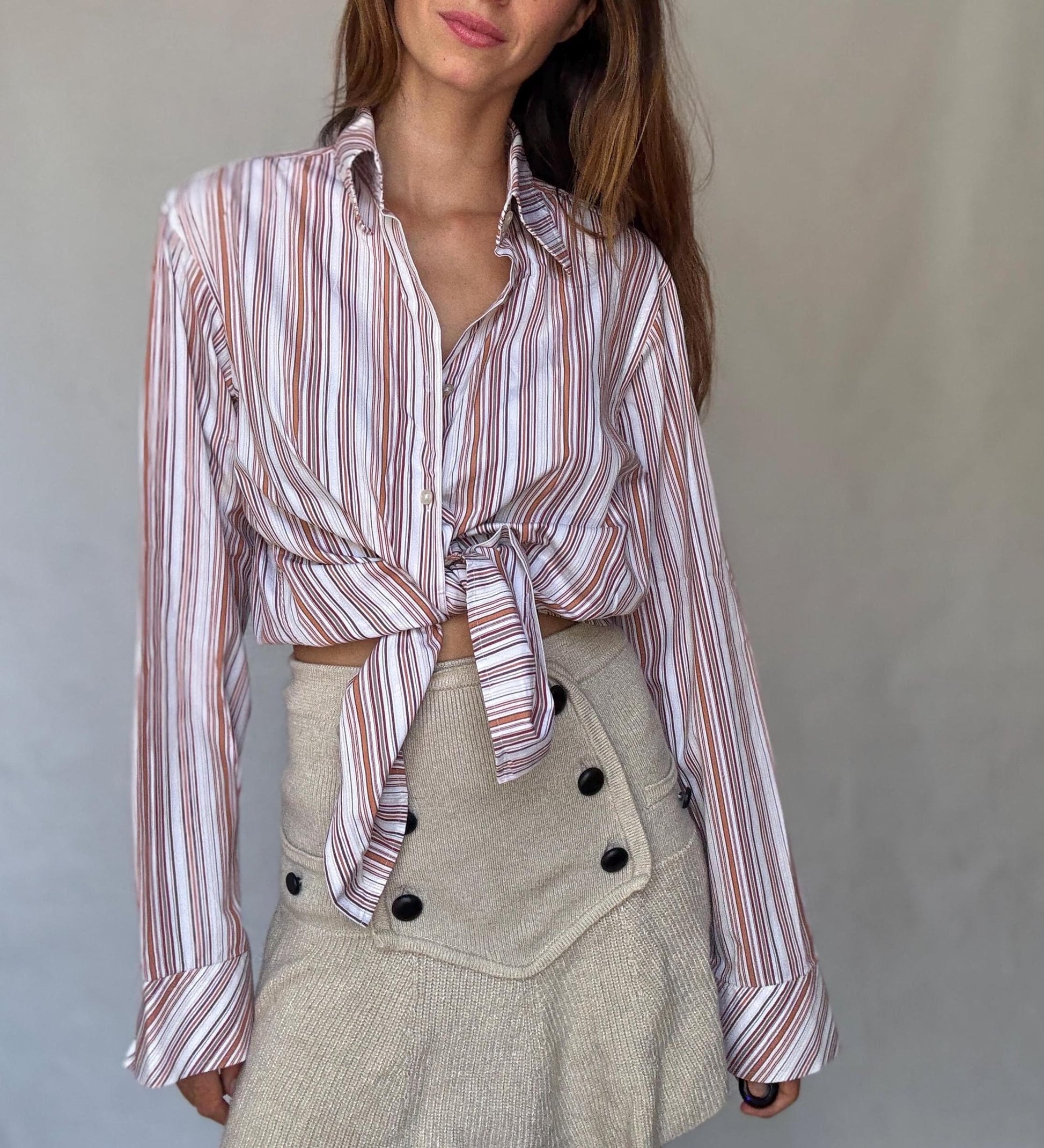 Hugo Boss men’s striped US XL cotton button-up shirt – red brown and white vertical stripe long sleeve classic preppy smart casual