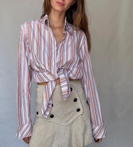 Hugo Boss men’s striped US XL cotton button-up shirt – red brown and white vertical stripe long sleeve classic preppy smart casual