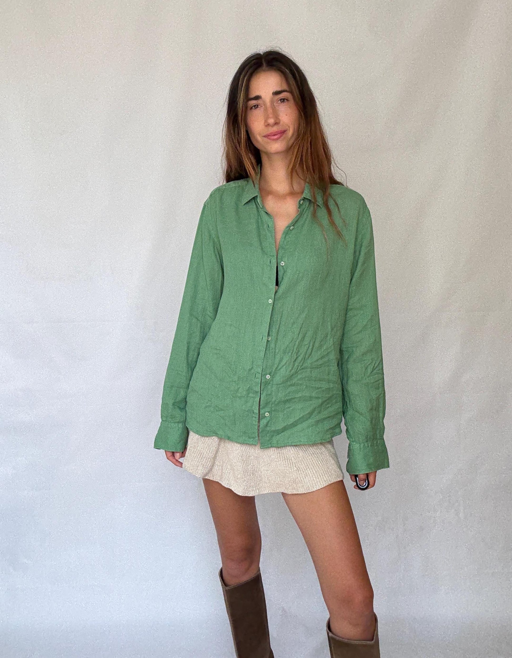 apple Green Massimo Dutti 100% linen shirt - Size EUR L – versatile unisex button-up in fresh trendy green, tie-front or classic fit