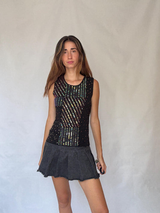 Y2K black sequin sleeveless top – 2000s retro party camisole with glittery geometric design, fun evening outfit – Size UK M/L