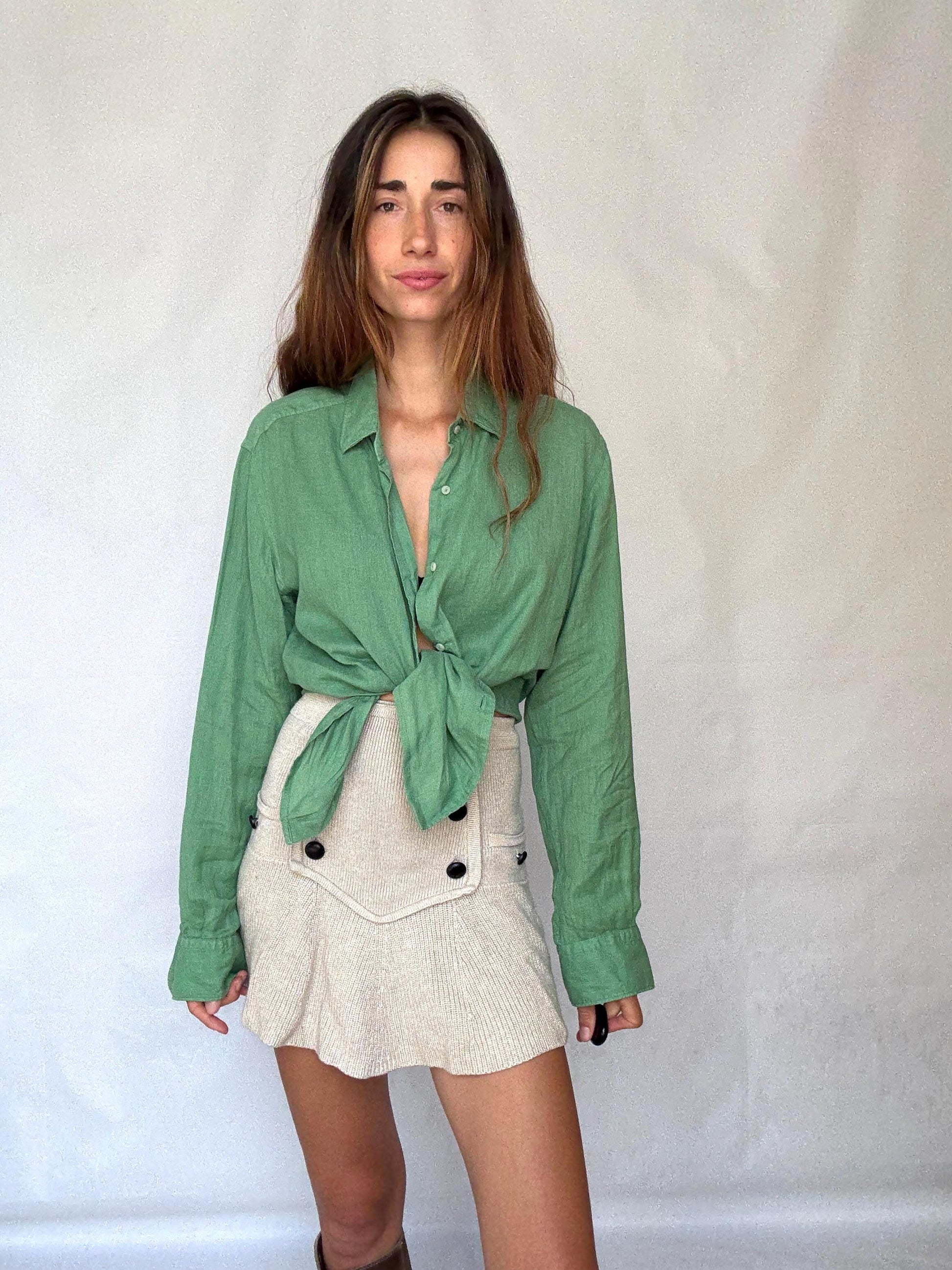 apple Green Massimo Dutti 100% linen shirt - Size EUR L – versatile unisex button-up in fresh trendy green, tie-front or classic fit