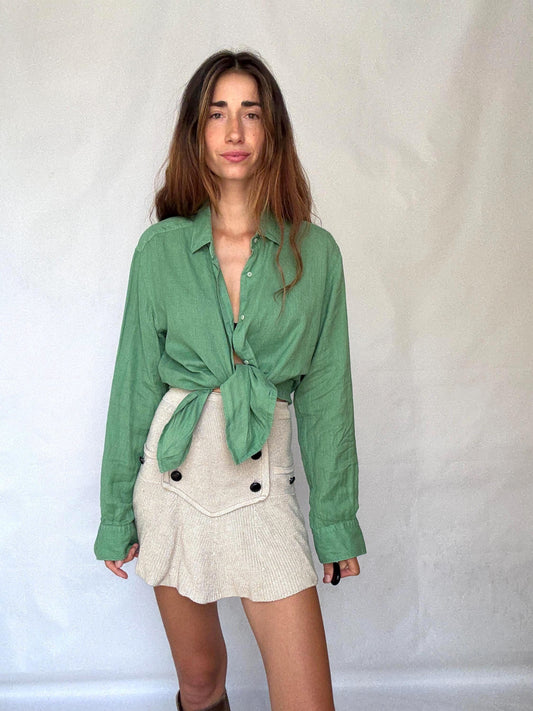 apple Green Massimo Dutti 100% linen shirt - Size EUR L – versatile unisex button-up in fresh trendy green, tie-front or classic fit
