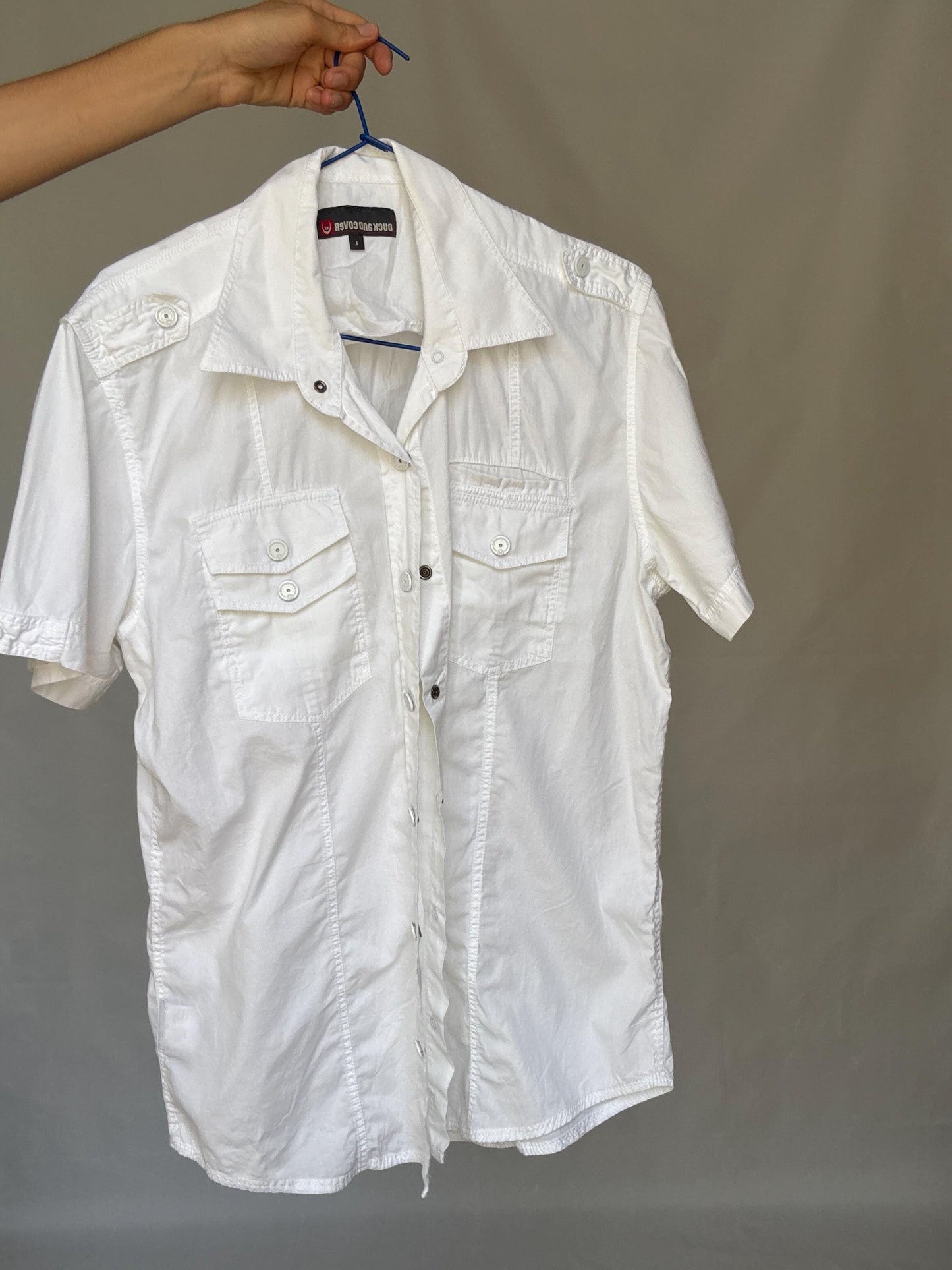 Duck and Cover short sleeve white cotton shirt with utility pockets, military Y2K vibe button down – fitted unisex style US size M-L