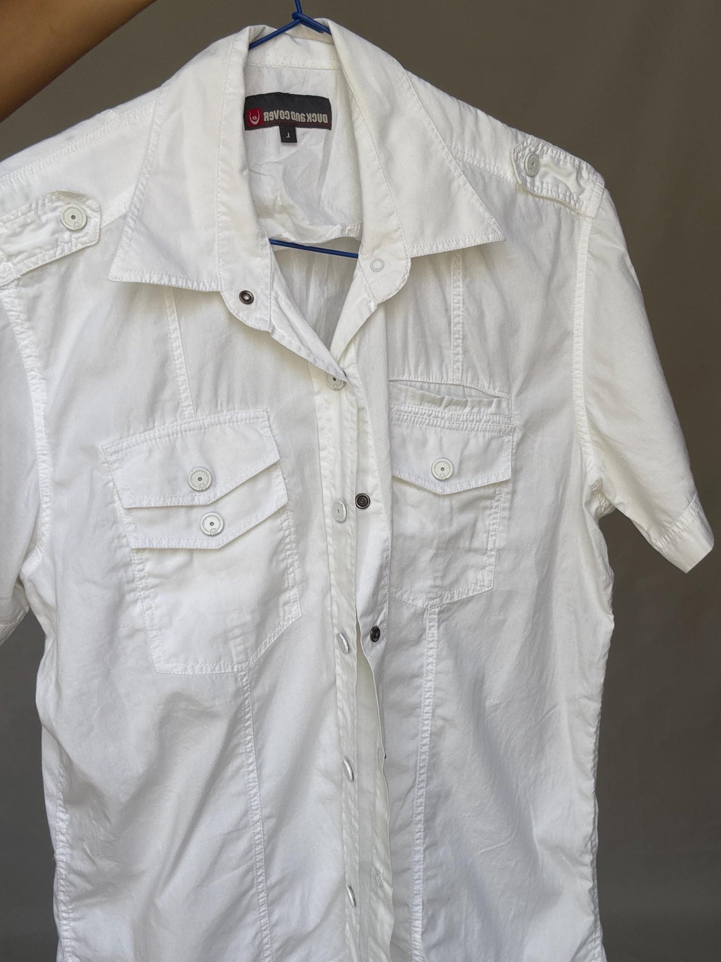 Duck and Cover short sleeve white cotton shirt with utility pockets, military Y2K vibe button down – fitted unisex style US size M-L