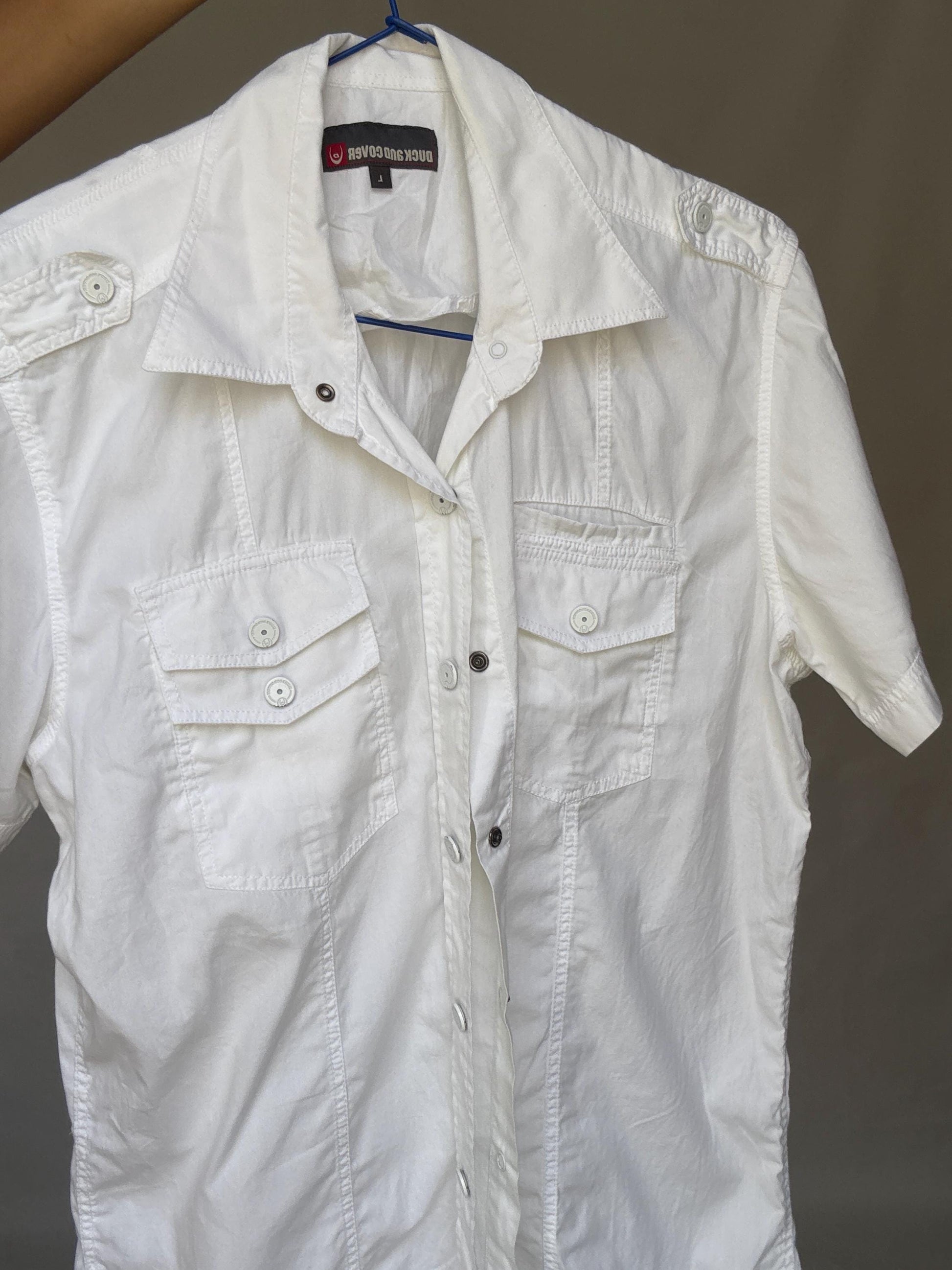 Duck and Cover short sleeve white cotton shirt with utility pockets, military Y2K vibe button down – fitted unisex style US size M-L