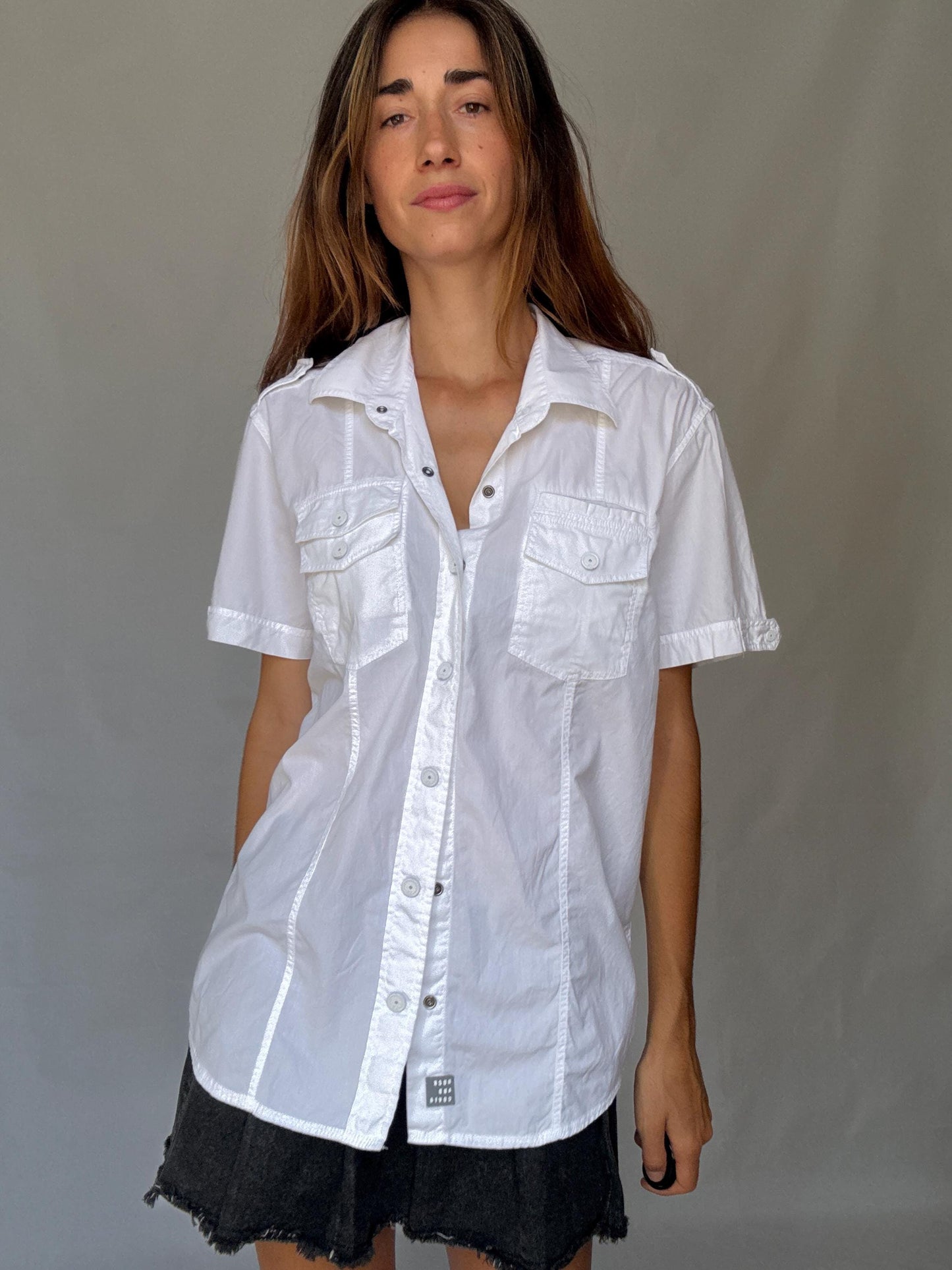Duck and Cover short sleeve white cotton shirt with utility pockets, military Y2K vibe button down – fitted unisex style US size M-L